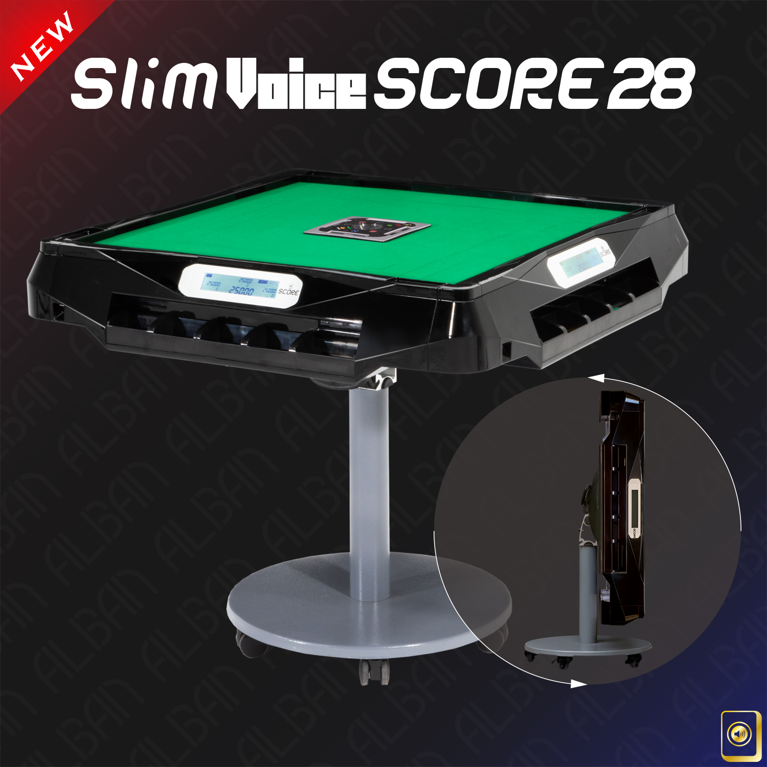 点数表示＆音声機能付家庭用全自動麻雀「アルバンスリムヴォイススコア２８ / Alban Slim Voice SCORE 28」ブラック【折りたたみ・移動式脚タイプ】